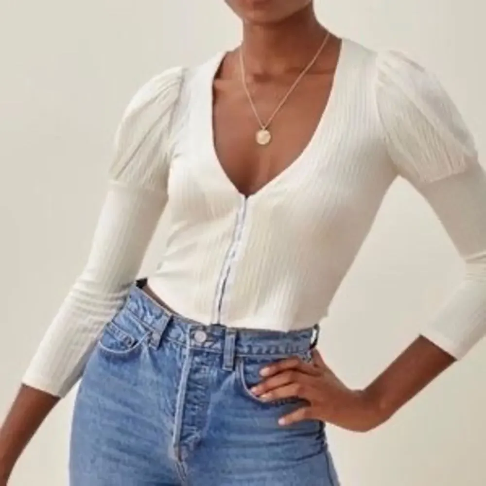 Reformation Einkorn Ribbed Organic Cotton Puff Sleeve Top Cream XS Cottage